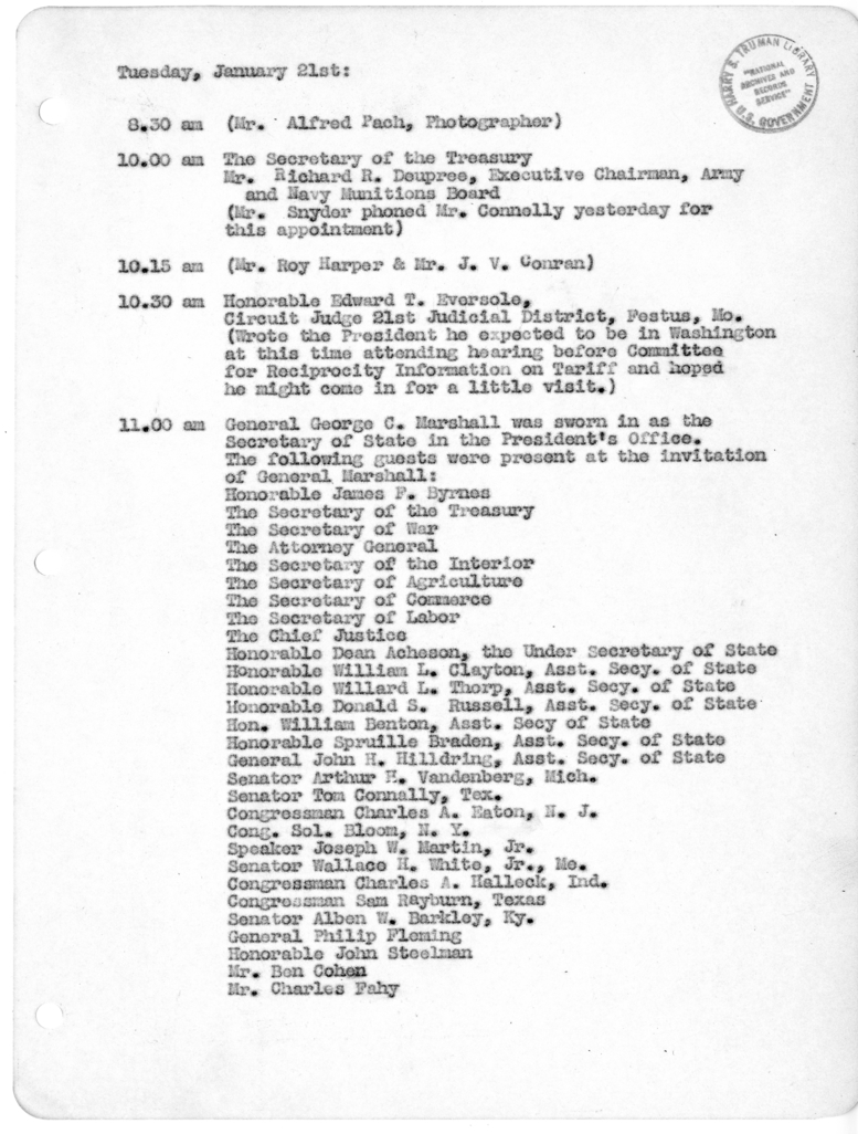 Daily Appointment Sheet for President Harry S. Truman