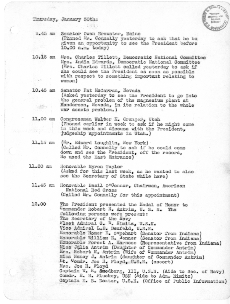 Daily Appointment Sheet for President Harry S. Truman