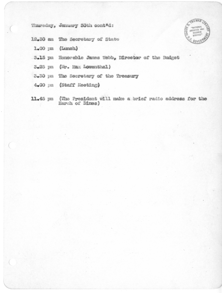 Daily Appointment Sheet for President Harry S. Truman