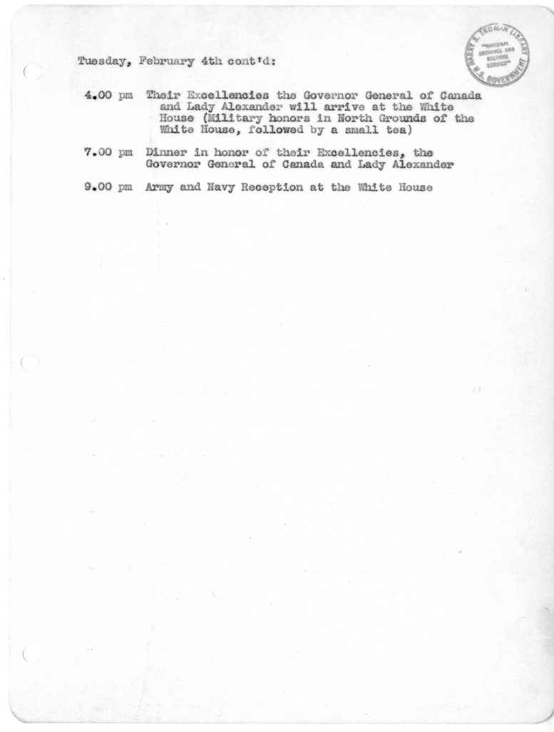 Daily Appointment Sheet for President Harry S. Truman