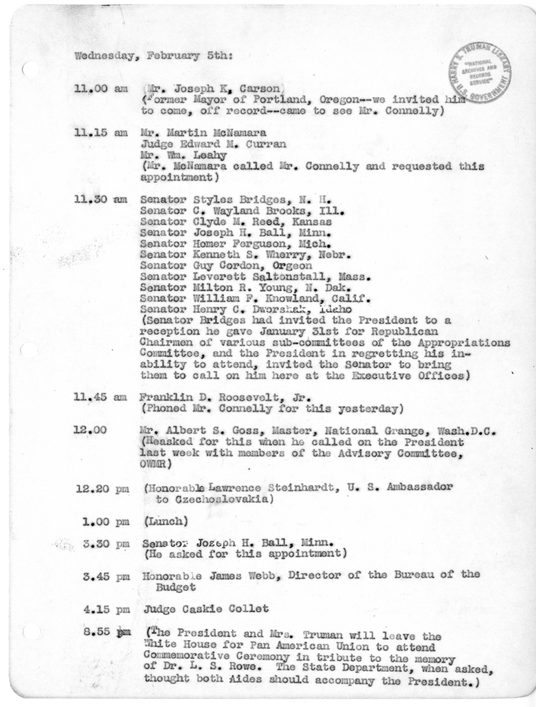 Daily Appointment Sheet for President Harry S. Truman