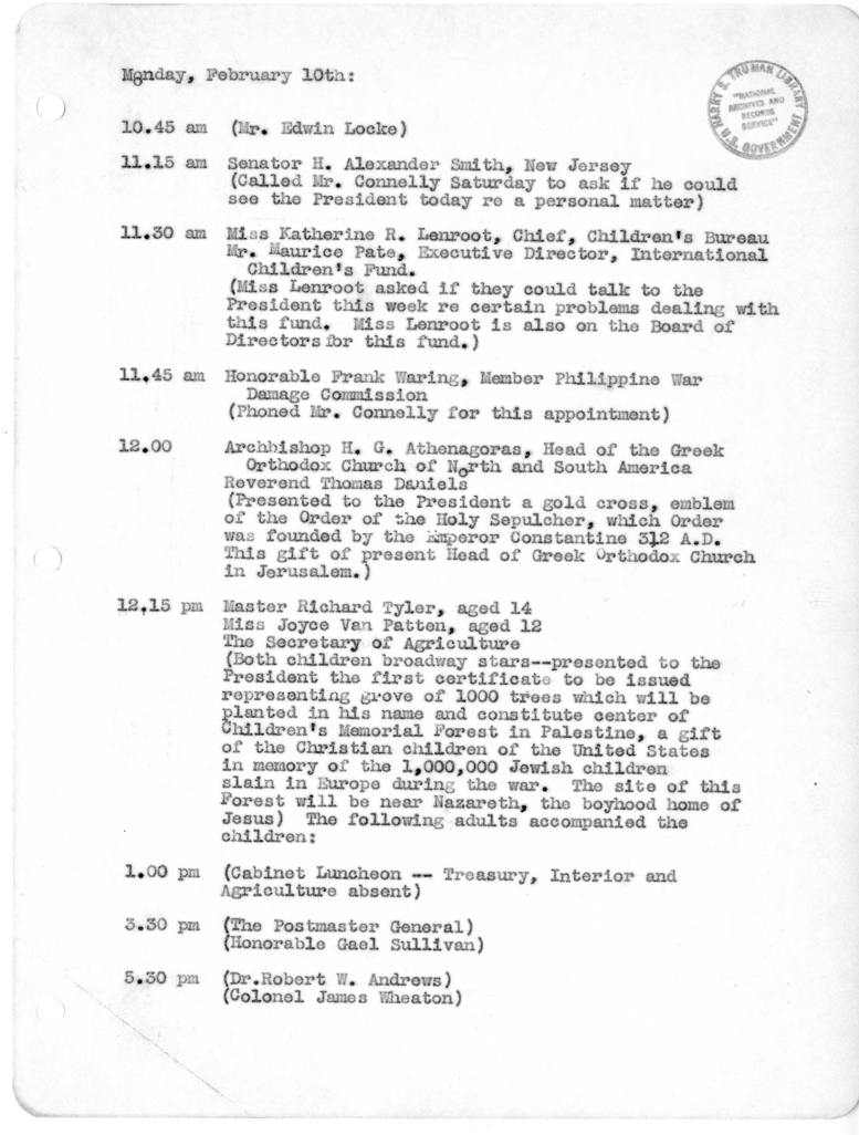 Daily Appointment Sheet for President Harry S. Truman