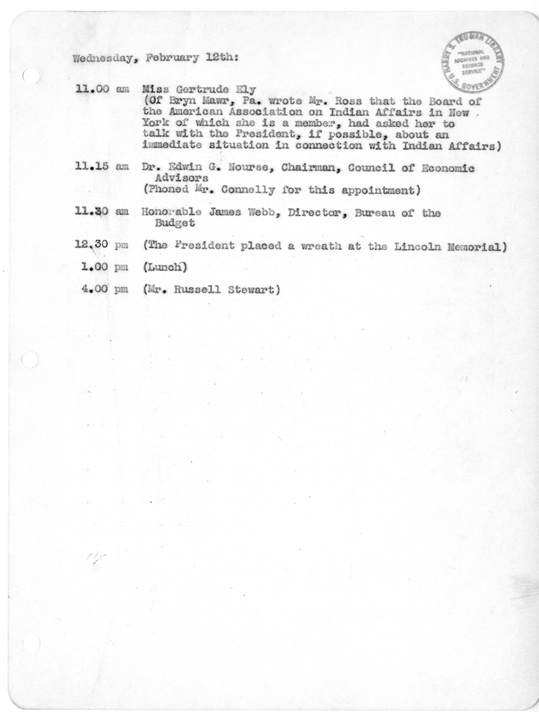 Daily Appointment Sheet for President Harry S. Truman