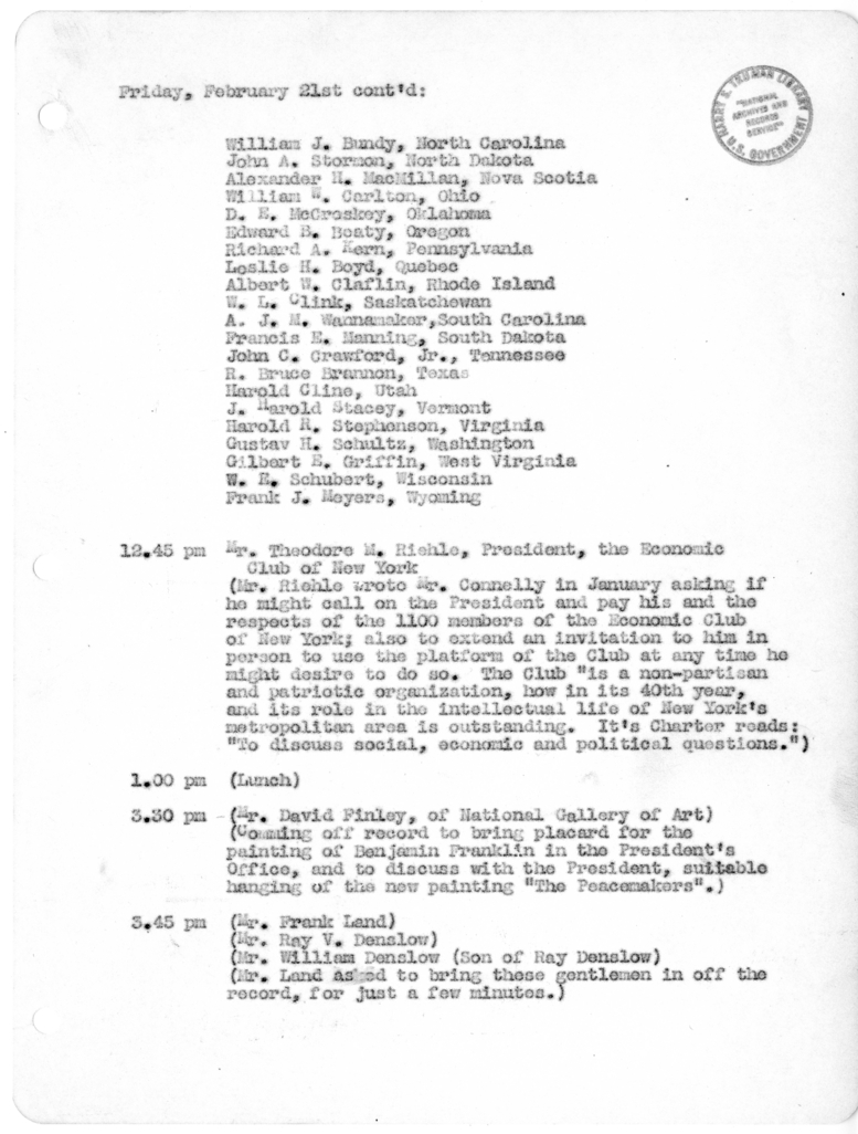 Daily Appointment Sheet for President Harry S. Truman