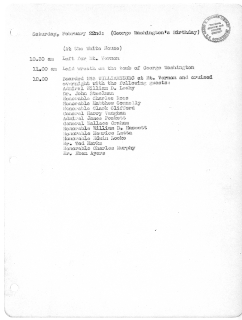 Daily Appointment Sheet for President Harry S. Truman