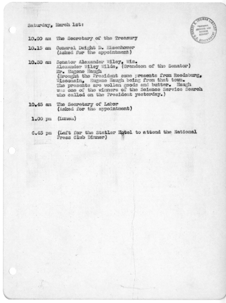 Daily Appointment Sheet for President Harry S. Truman