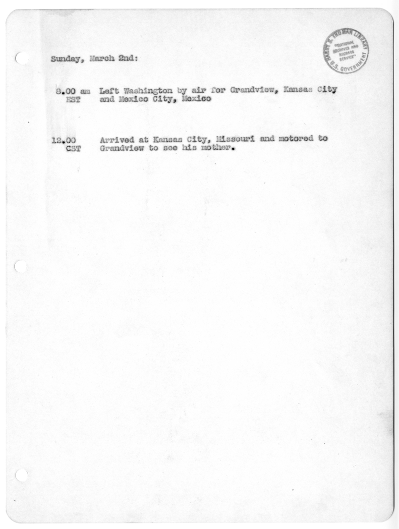 Daily Appointment Sheet for President Harry S. Truman