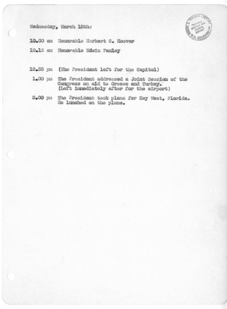 Daily Appointment Sheet for President Harry S. Truman