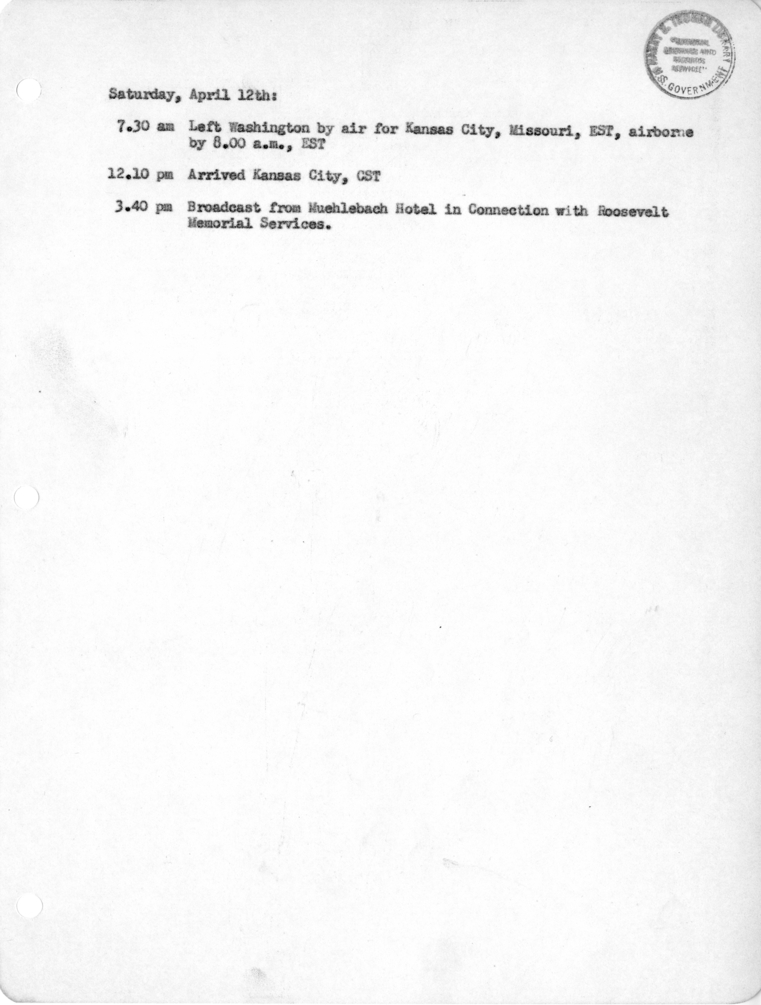 Daily Appointment Sheet for President Harry S. Truman