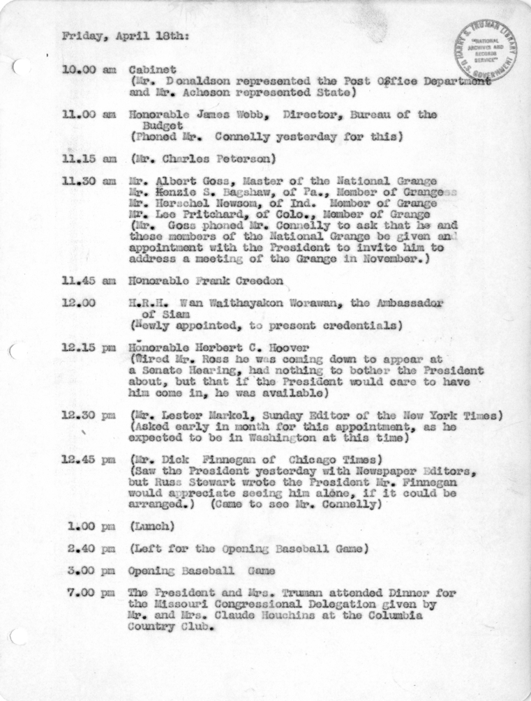 Daily Appointment Sheet for President Harry S. Truman