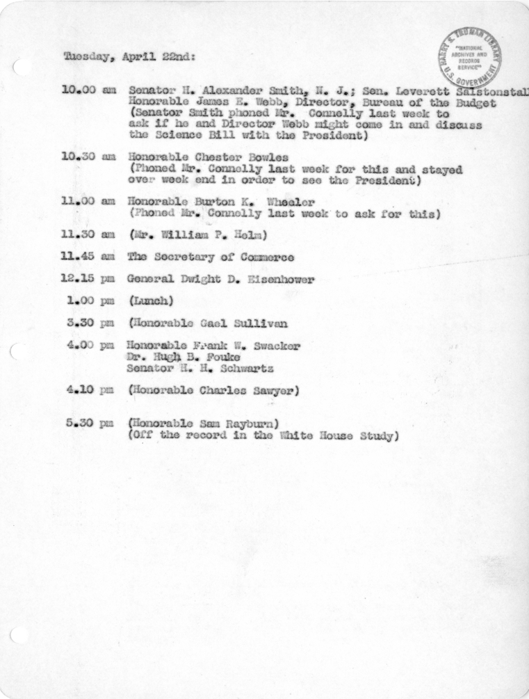 Daily Appointment Sheet for President Harry S. Truman