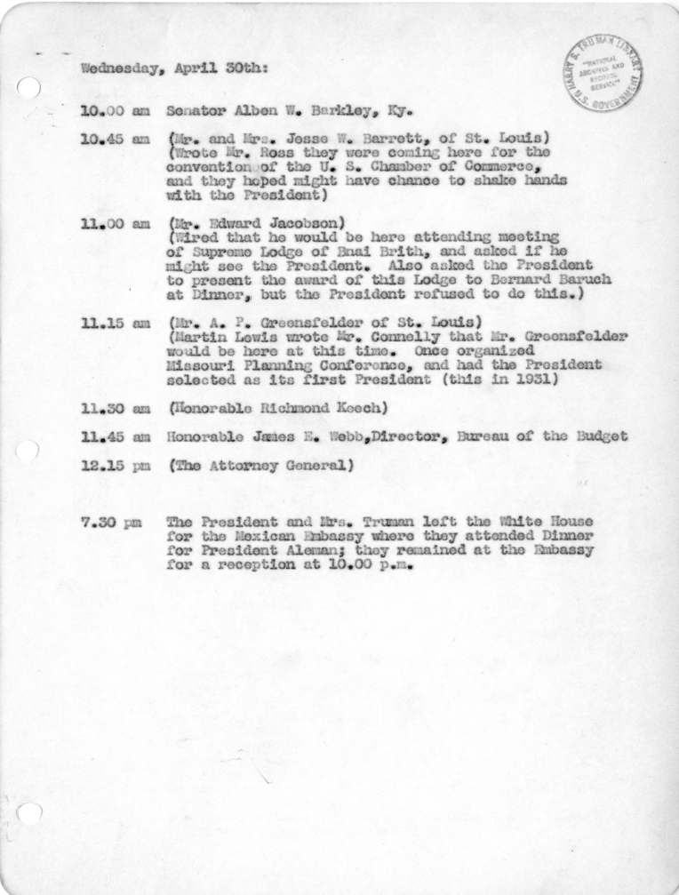 Daily Appointment Sheet for President Harry S. Truman