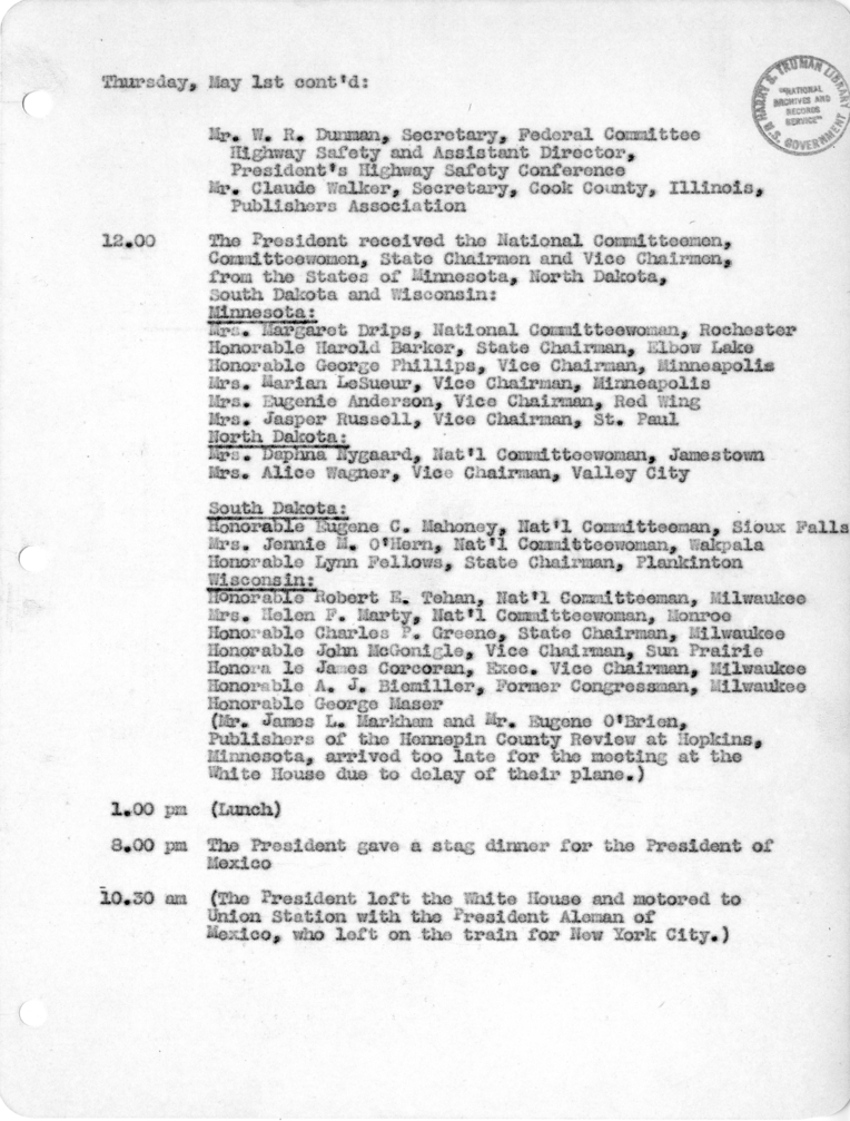 Daily Appointment Sheet for President Harry S. Truman