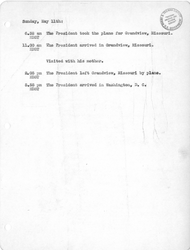 Daily Appointment Sheet for President Harry S. Truman