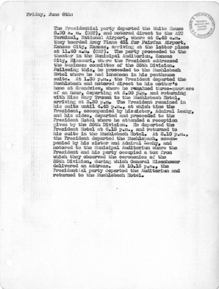 Daily Appointment Sheet for President Harry S. Truman