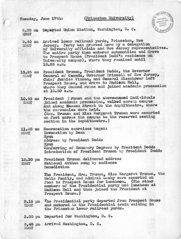 Daily Appointment Sheet for President Harry S. Truman