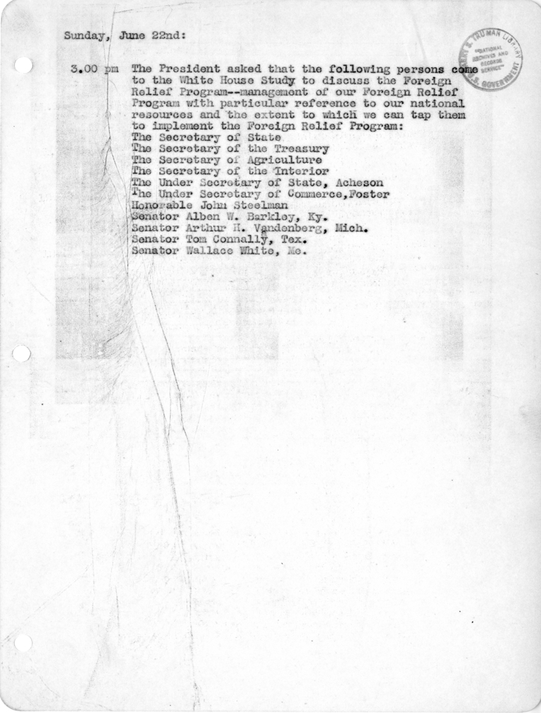 Daily Appointment Sheet for President Harry S. Truman