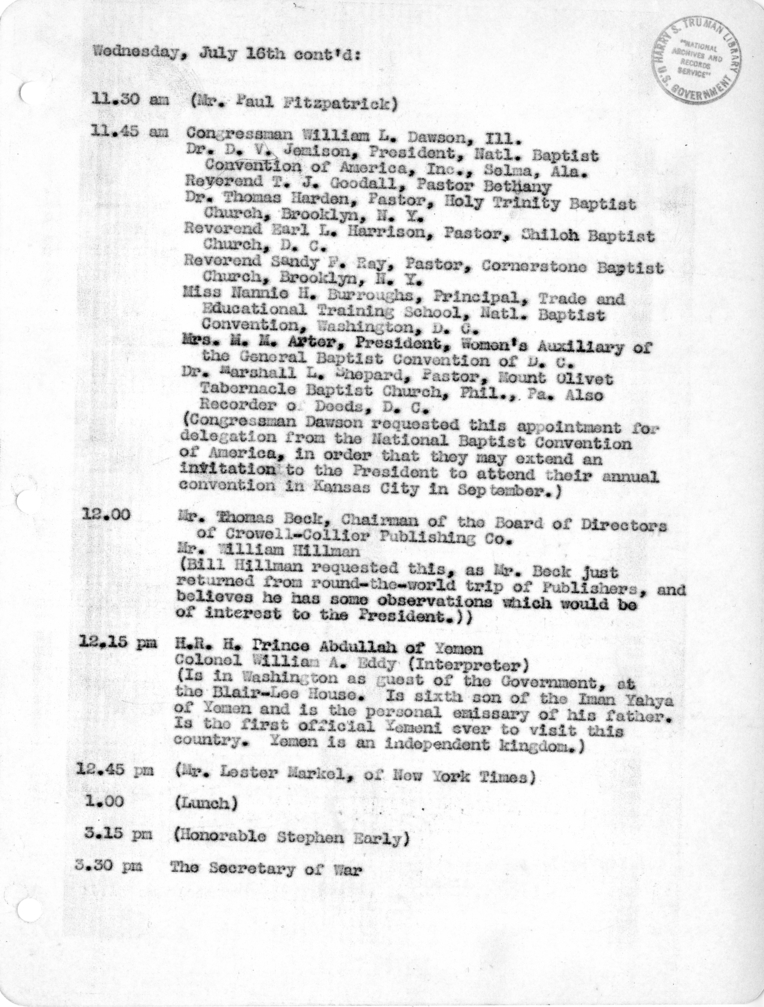 Daily Appointment Sheet for President Harry S. Truman