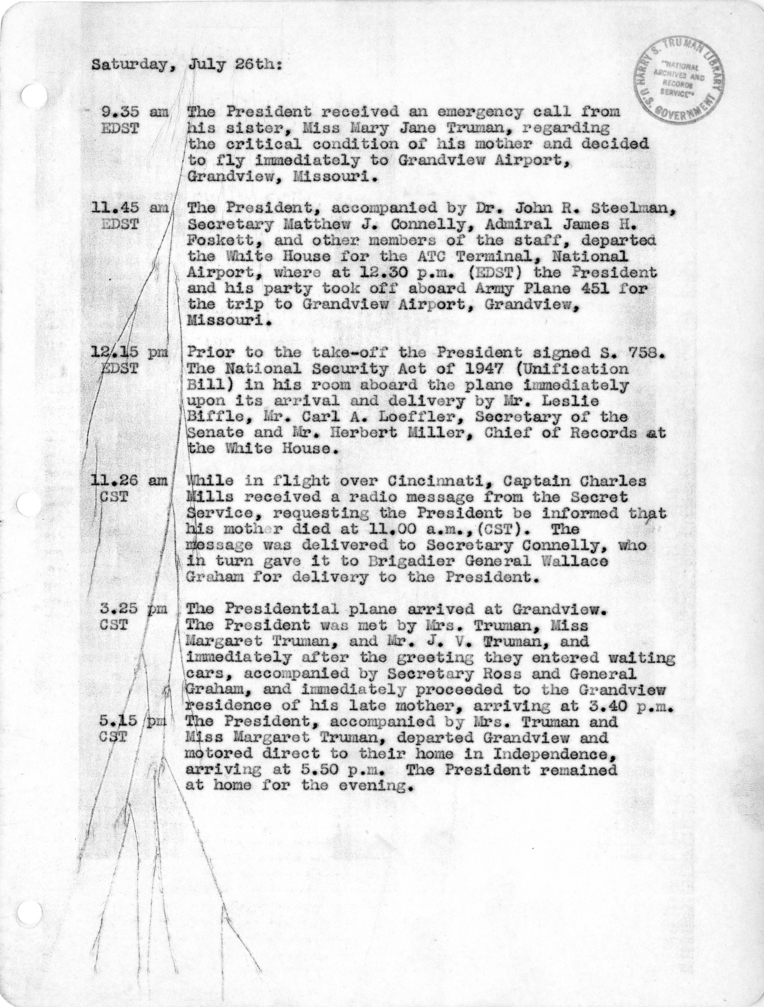 Daily Appointment Sheet for President Harry S. Truman