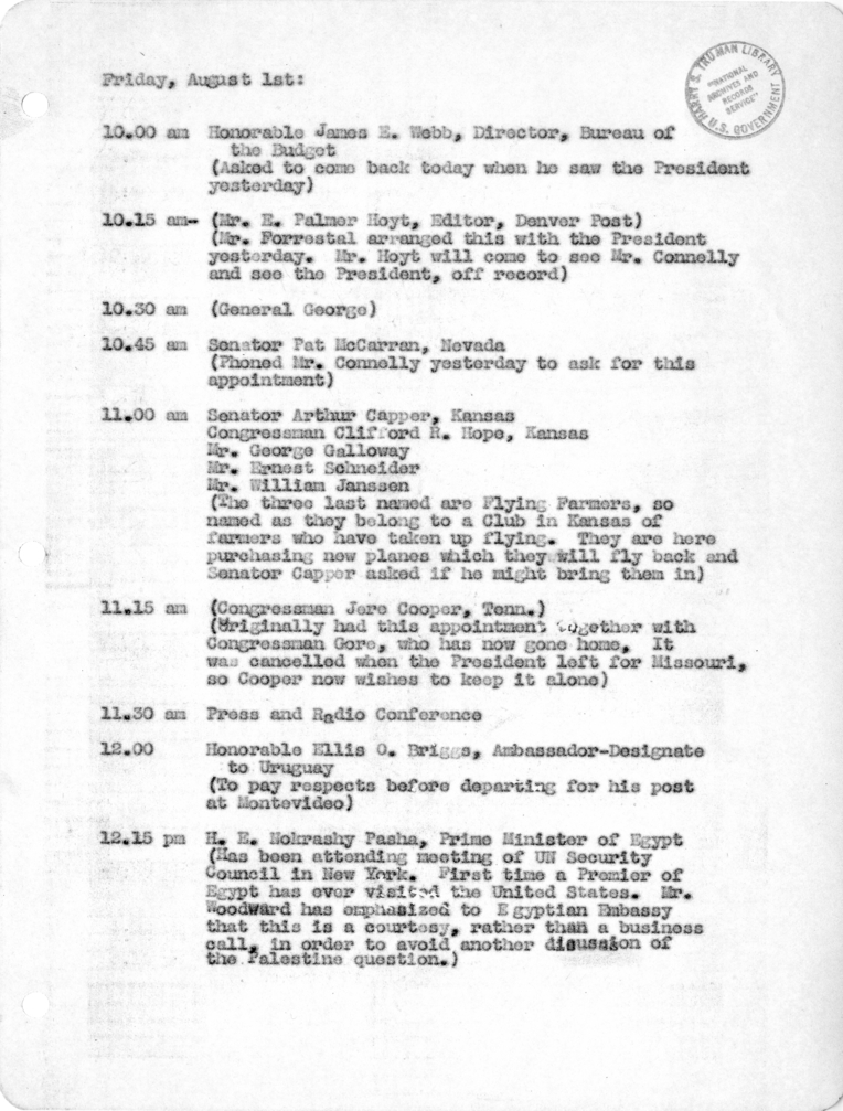 Daily Appointment Sheet for President Harry S. Truman