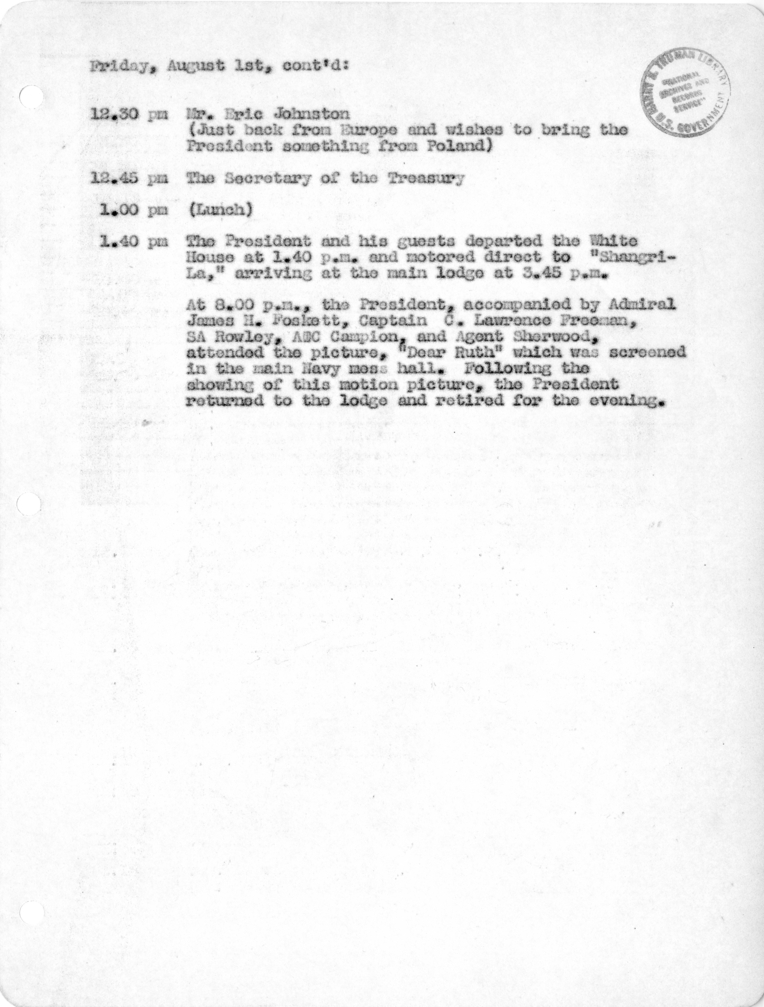 Daily Appointment Sheet for President Harry S. Truman