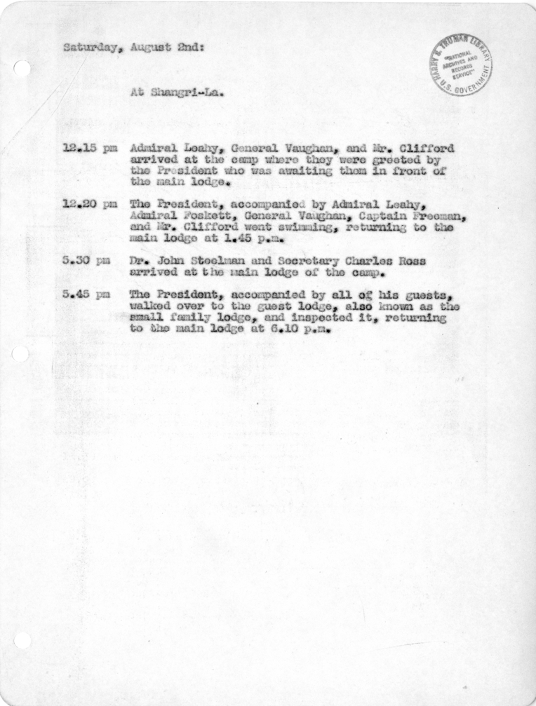 Daily Appointment Sheet for President Harry S. Truman