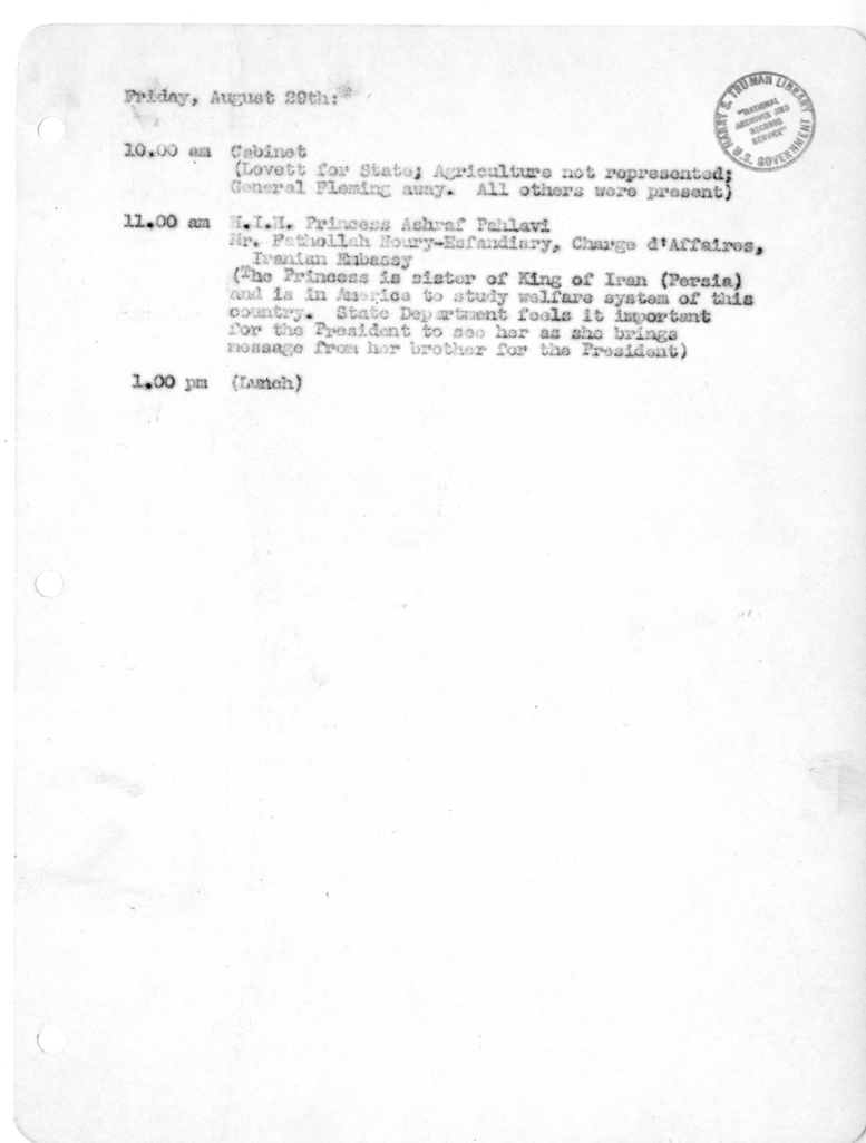 Daily Appointment Sheet for President Harry S. Truman