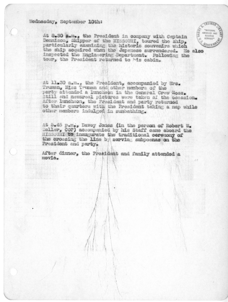 Daily Appointment Sheet for President Harry S. Truman