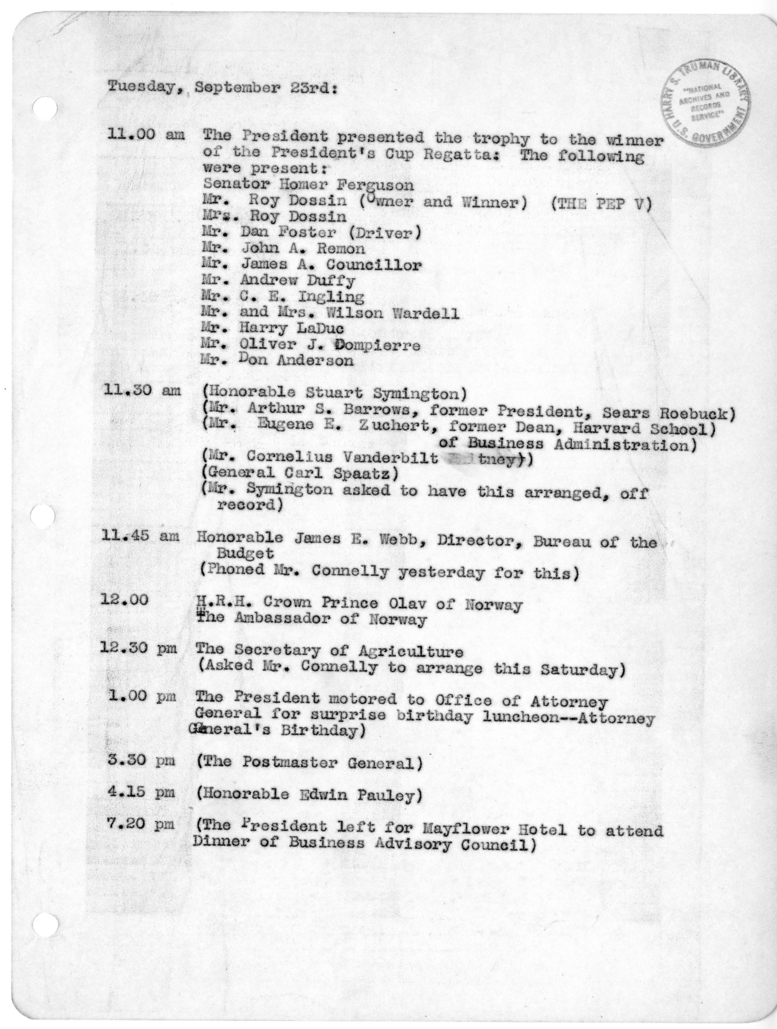 Daily Appointment Sheet for President Harry S. Truman