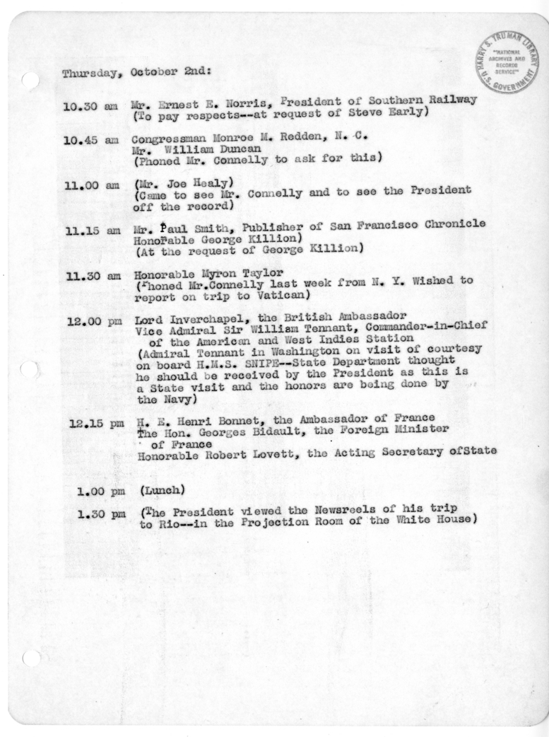 Daily Appointment Sheet for President Harry S. Truman