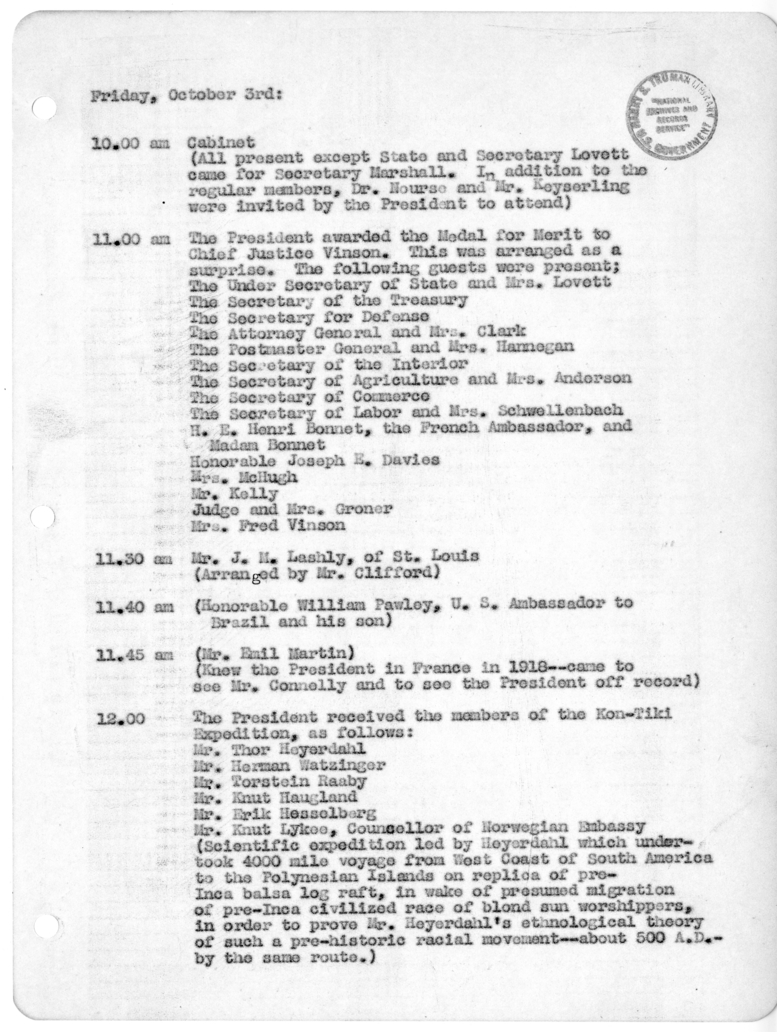 Daily Appointment Sheet for President Harry S. Truman