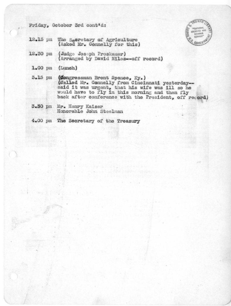 Daily Appointment Sheet for President Harry S. Truman