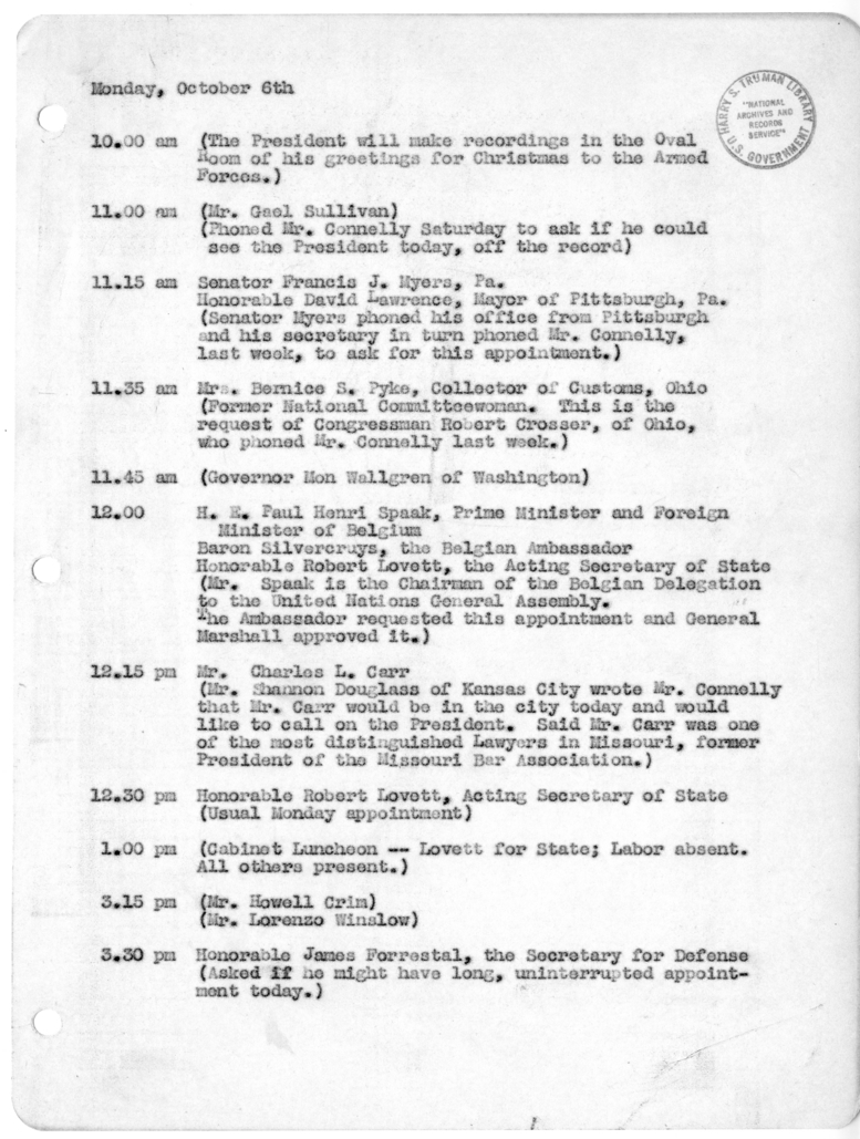 Daily Appointment Sheet for President Harry S. Truman