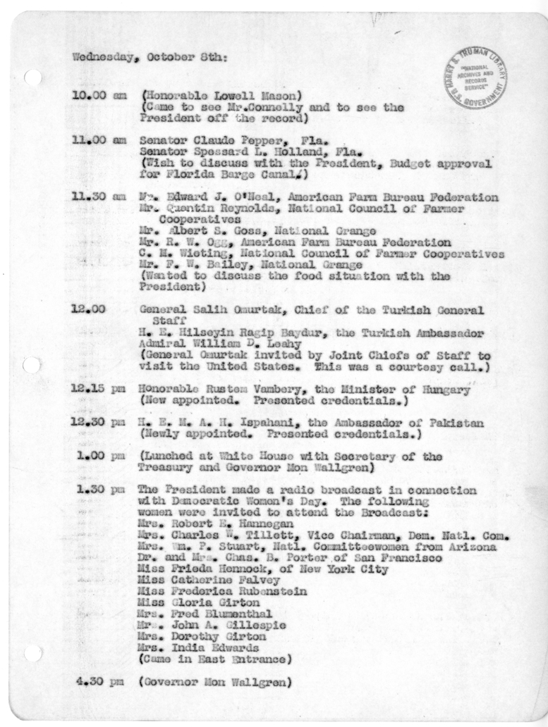 Daily Appointment Sheet for President Harry S. Truman