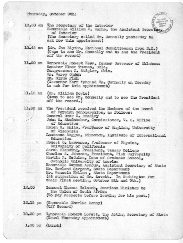 Daily Appointment Sheet for President Harry S. Truman