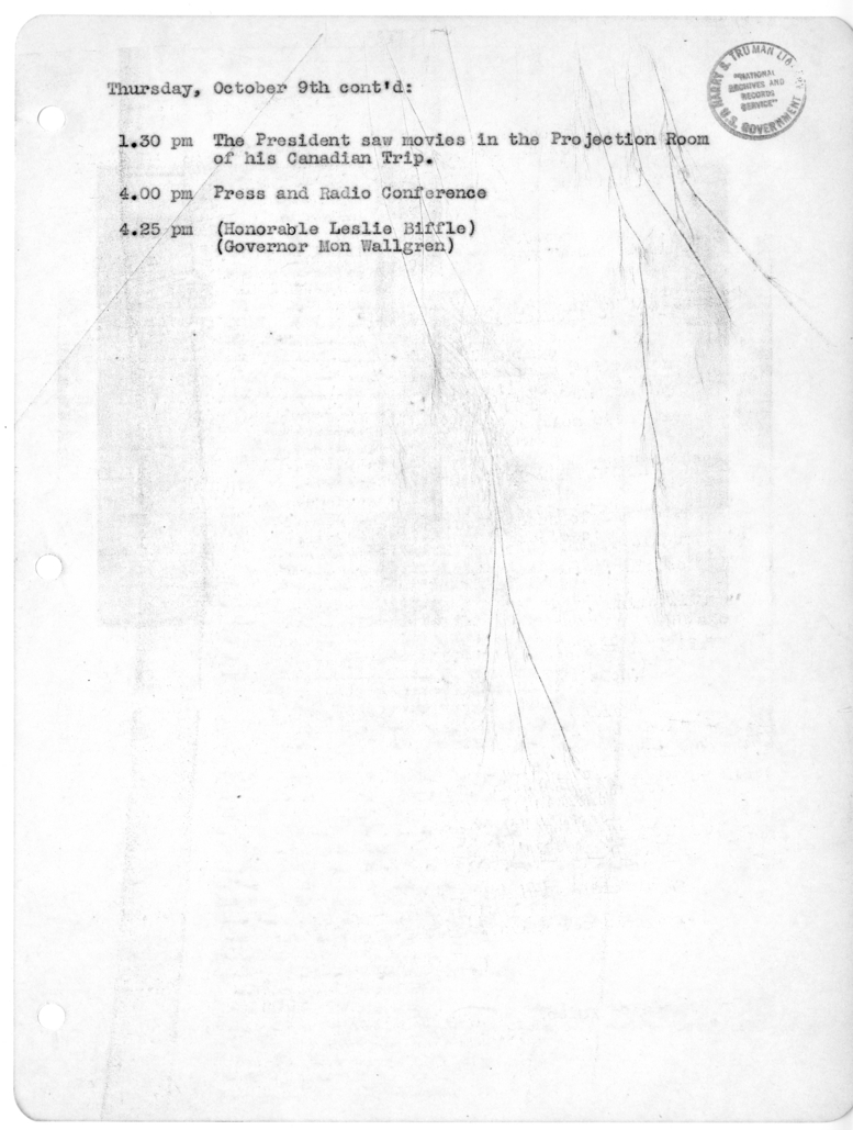 Daily Appointment Sheet for President Harry S. Truman