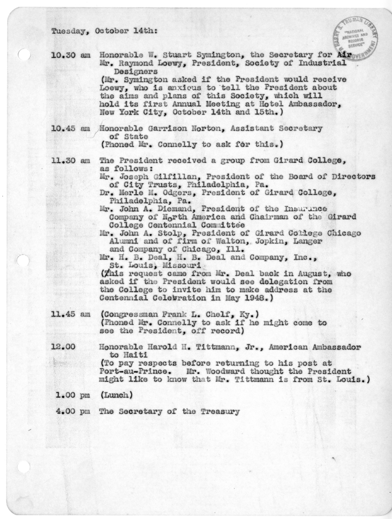 Daily Appointment Sheet for President Harry S. Truman