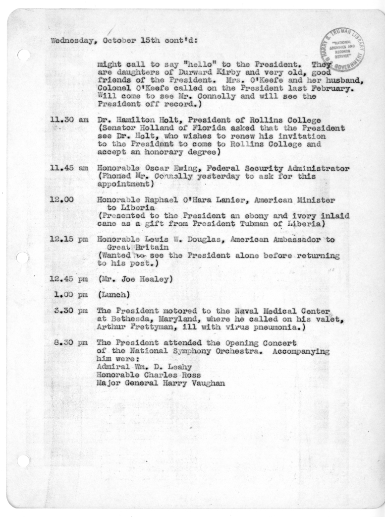 Daily Appointment Sheet for President Harry S. Truman