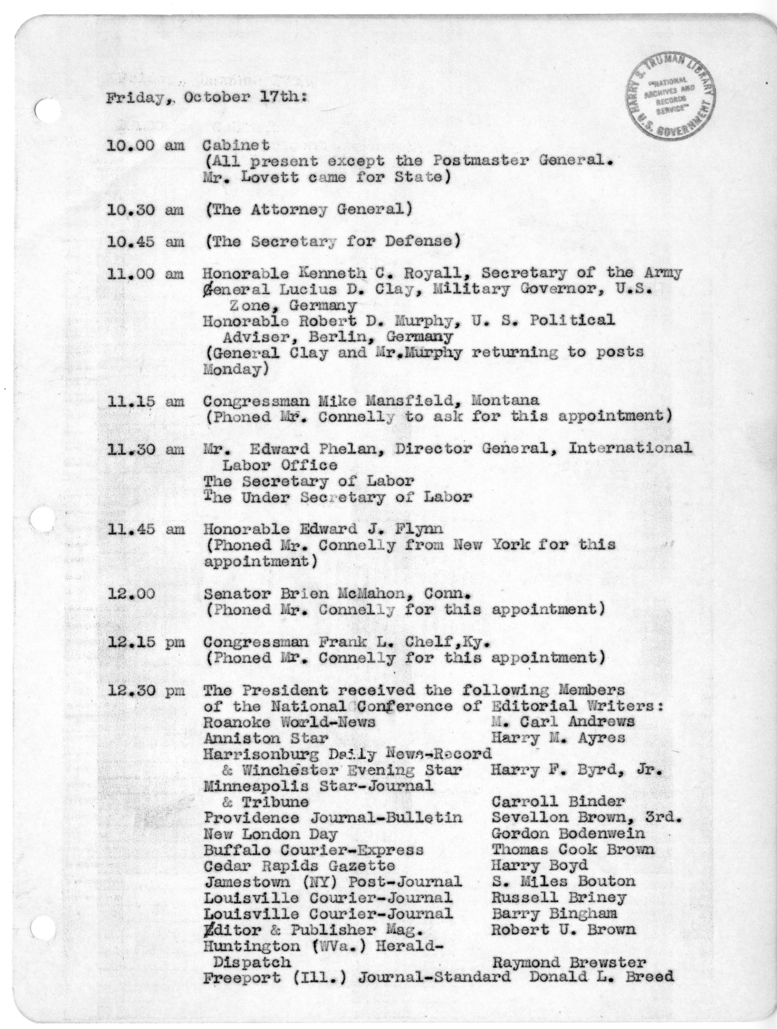 Daily Appointment Sheet for President Harry S. Truman