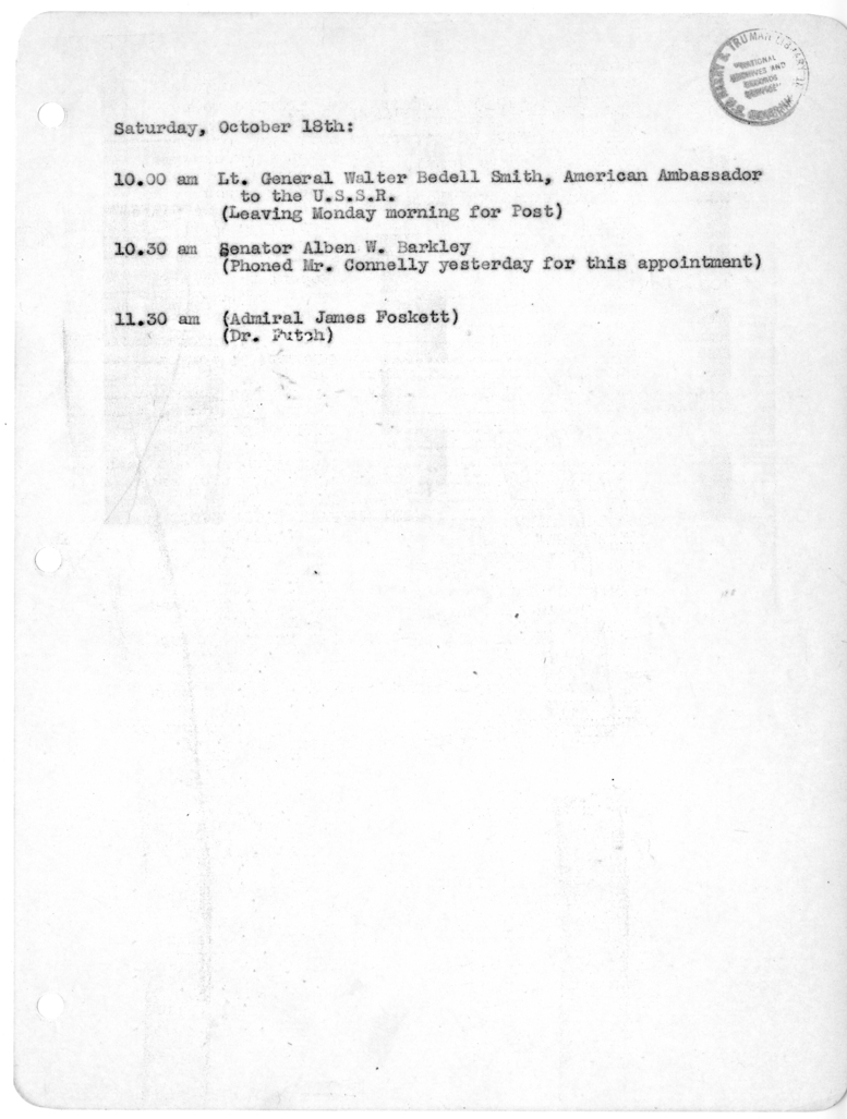 Daily Appointment Sheet for President Harry S. Truman