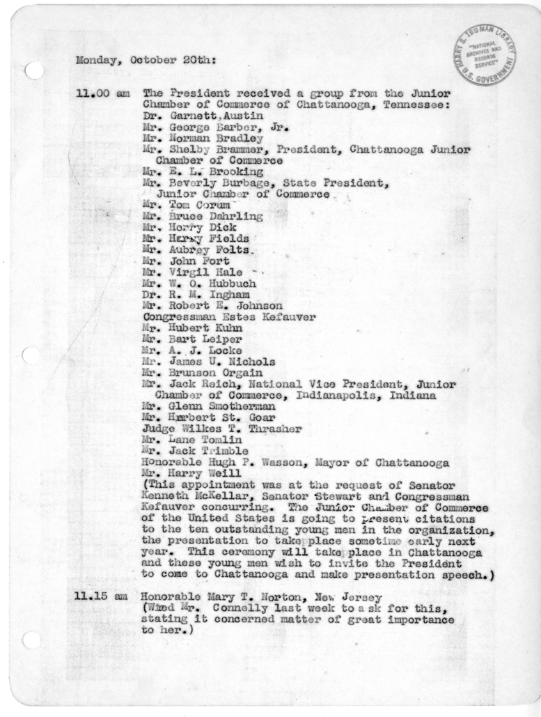 Daily Appointment Sheet for President Harry S. Truman