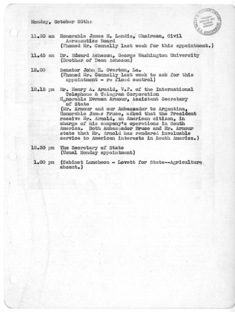 Daily Appointment Sheet for President Harry S. Truman