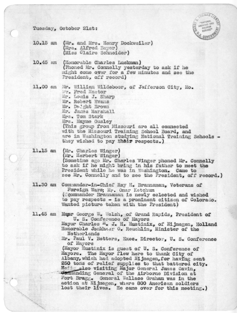 Daily Appointment Sheet for President Harry S. Truman