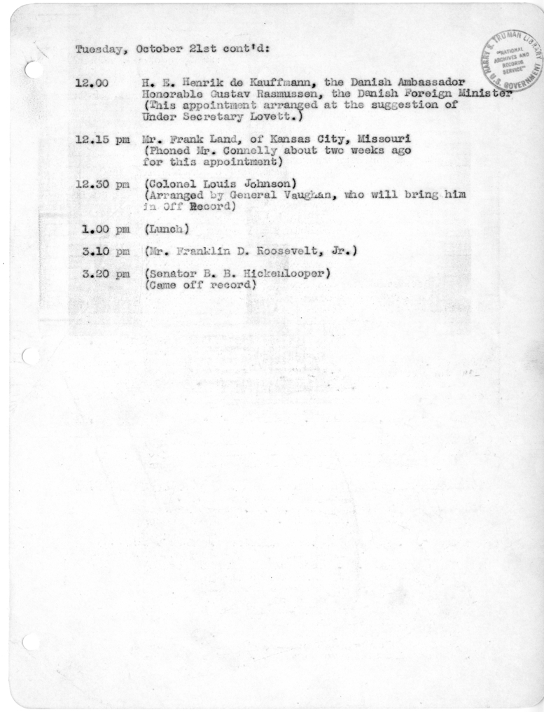 Daily Appointment Sheet for President Harry S. Truman