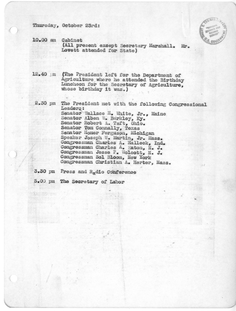 Daily Appointment Sheet for President Harry S. Truman