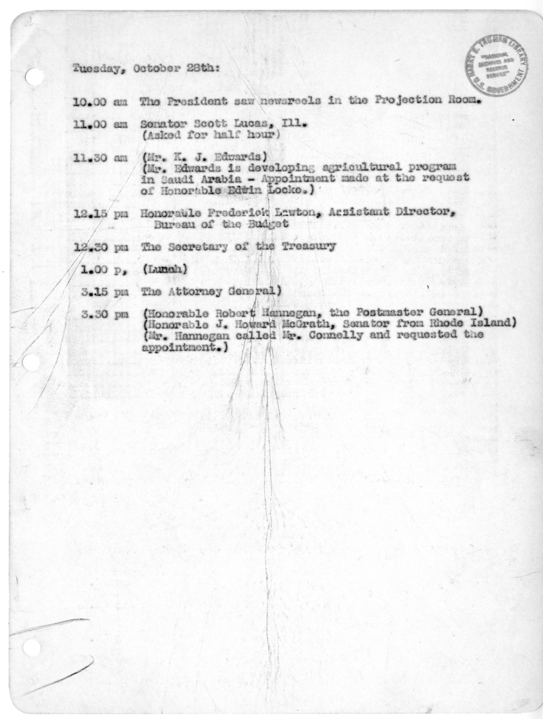 Daily Appointment Sheet for President Harry S. Truman