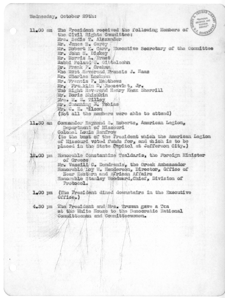 Daily Appointment Sheet for President Harry S. Truman