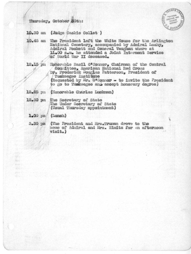 Daily Appointment Sheet for President Harry S. Truman