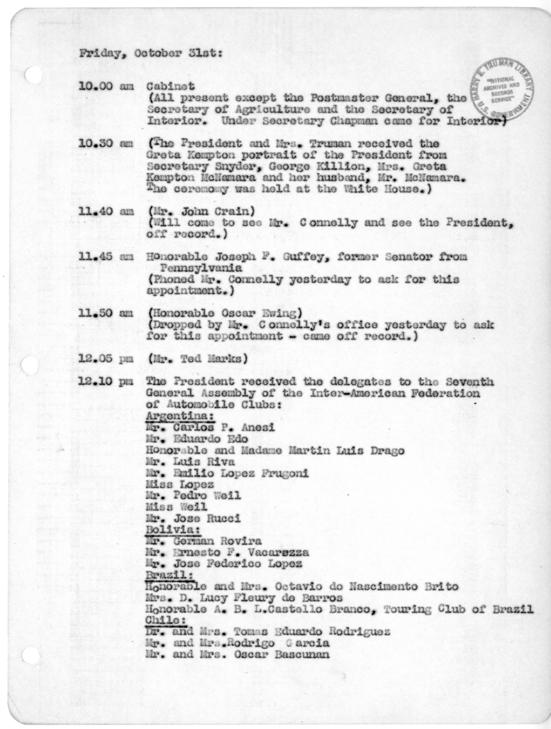 Daily Appointment Sheet for President Harry S. Truman