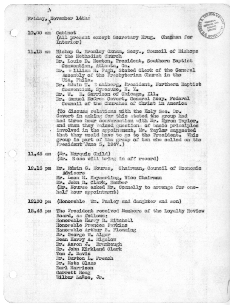 Daily Appointment Sheet for President Harry S. Truman